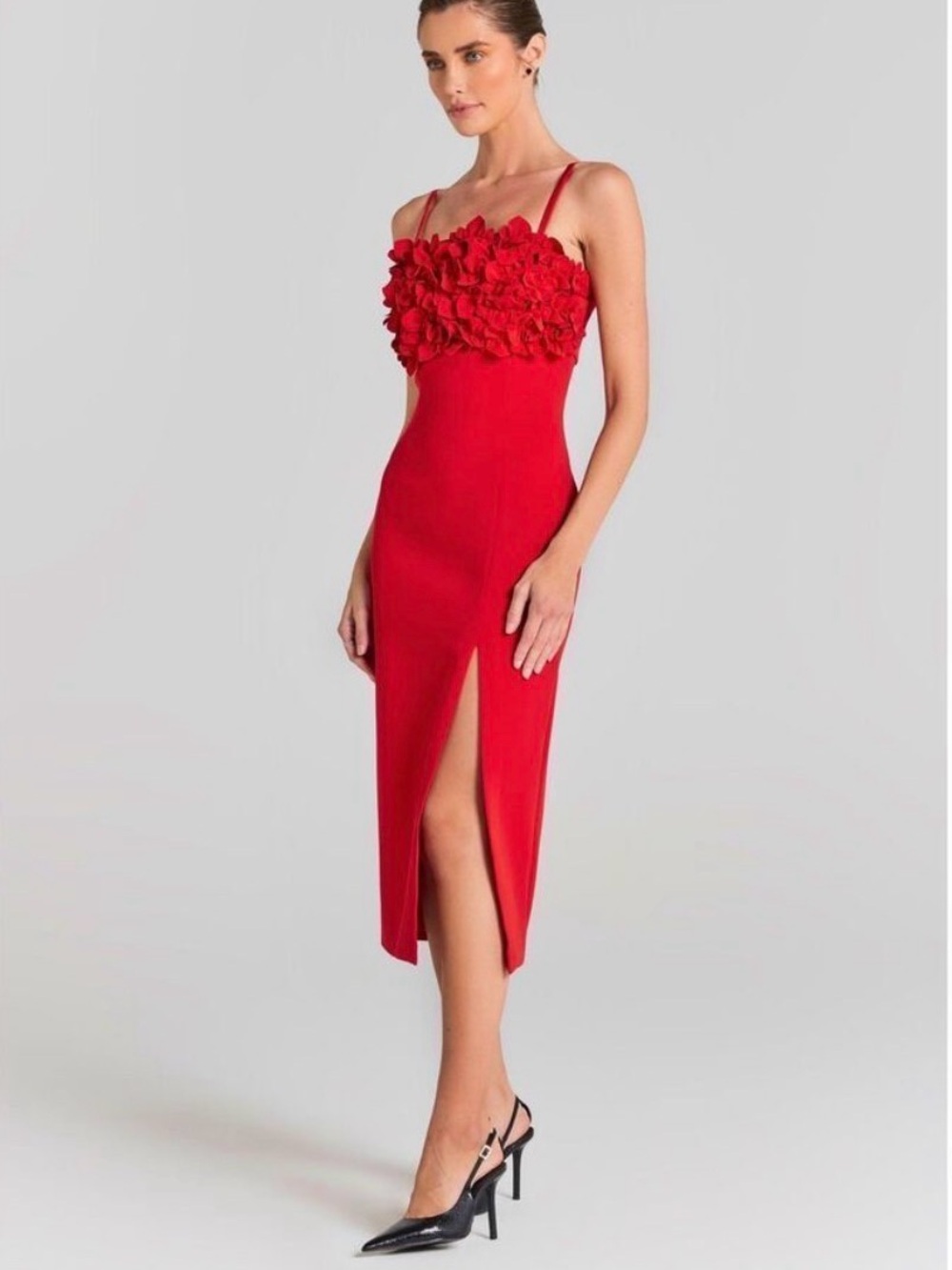 NWT NADINE MERABI Red Floral-Appliqué Spaghetti-Strap Midi Dress XS